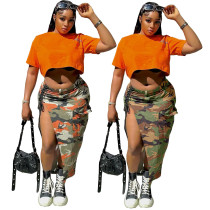 Fashion Camouflage Slit Lace-up Skirt with Pocket