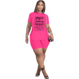 Casual Side Slit Lace-up Letter Print Tracksuit Short Two Pieces