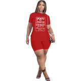 Casual Side Slit Lace-up Letter Print Tracksuit Short Two Pieces