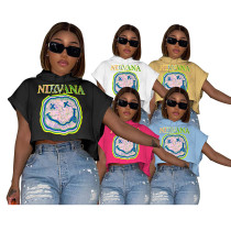 Summer Smiling Face Printed Short Sleeve Hoodie Shirt