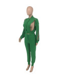 Solid Color Long Sleeve Hollow Out Pant Set