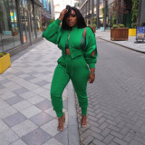 Solid Color Long Sleeve Hollow Out Pant Set