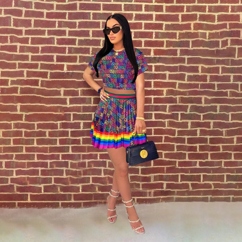 High Elasticity Soft Navel Short Sleeve Printed Pleated Skirt Set