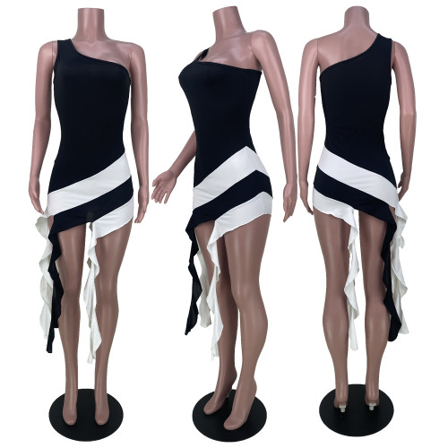 Casual Striped Tassel Single Shoulder Colorblock Sexy Dress