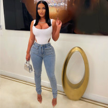 Casual Ripped Washed Beaded Slim Jeans