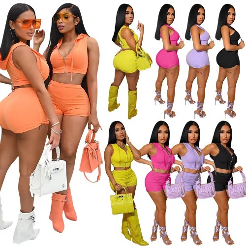 Casual Solid Color Sleeveless Hoodie Shorts Two Pieces