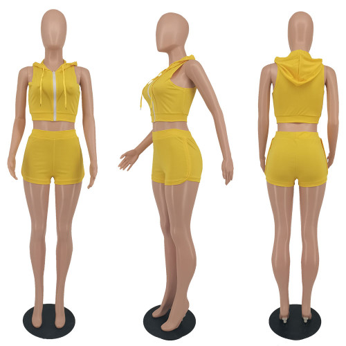 Casual Solid Color Sleeveless Hoodie Shorts Two Pieces