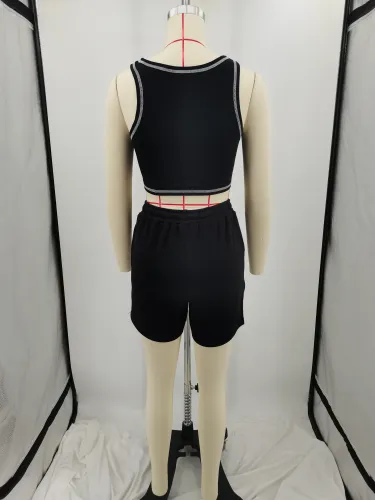 Casual Vest Printed Casual Two Piece Short Set With Pockets