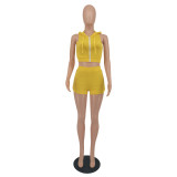 Casual Solid Color Sleeveless Hoodie Shorts Two Pieces