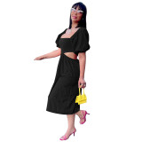 Solid Color U Neck Lantern Short Sleeve Hollow Out Mid Dresses