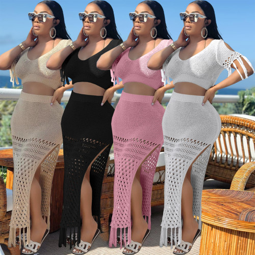Casual Hollow Out Slit Crochet Knitted Tassel Two Piece Skirt Set