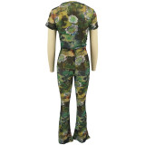 Fashion Printed Round Neck Blouse Bootcut Pants Two Pieces