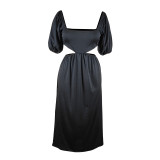 Solid Color U Neck Lantern Short Sleeve Hollow Out Mid Dresses