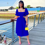 Solid Color U Neck Lantern Short Sleeve Hollow Out Mid Dresses