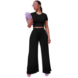 Solid Color Short Sleeve Crop Top & Wide-leg Trousers Women Clothing