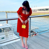Solid Color U Neck Lantern Short Sleeve Hollow Out Mid Dresses