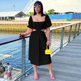 Solid Color U Neck Lantern Short Sleeve Hollow Out Mid Dresses
