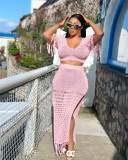Casual Hollow Out Slit Crochet Knitted Tassel Two Piece Skirt Set
