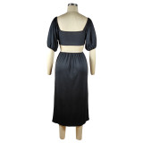 Solid Color U Neck Lantern Short Sleeve Hollow Out Mid Dresses