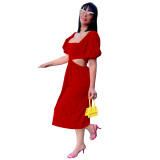 Solid Color U Neck Lantern Short Sleeve Hollow Out Mid Dresses