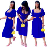 Solid Color U Neck Lantern Short Sleeve Hollow Out Mid Dresses