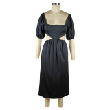Solid Color U Neck Lantern Short Sleeve Hollow Out Mid Dresses
