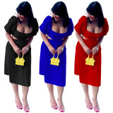 Solid Color U Neck Lantern Short Sleeve Hollow Out Mid Dresses