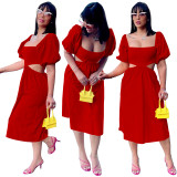 Solid Color U Neck Lantern Short Sleeve Hollow Out Mid Dresses
