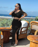 Casual Hollow Out Slit Crochet Knitted Tassel Two Piece Skirt Set