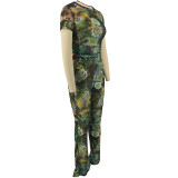 Fashion Printed Round Neck Blouse Bootcut Pants Two Pieces