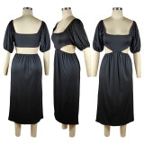 Solid Color U Neck Lantern Short Sleeve Hollow Out Mid Dresses