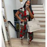Plus Size Pierced Camouflage Print Two Piece Sets