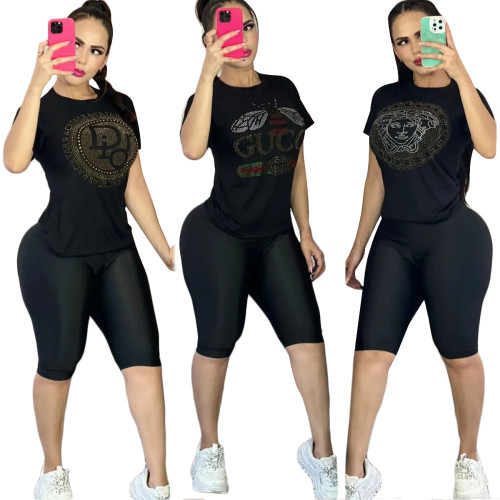 Fashion Hot Diamond Short Sleeve Branded Shorts Set