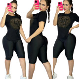 Fashion Hot Diamond Short Sleeve Branded Shorts Set