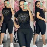 Fashion Hot Diamond Short Sleeve Branded Shorts Set
