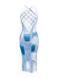 Casual Straps Faux Denim Printed Mesh Mid Dresses