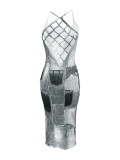 Casual Straps Faux Denim Printed Mesh Mid Dresses