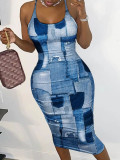 Casual Straps Faux Denim Printed Mesh Mid Dresses