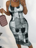 Casual Straps Faux Denim Printed Mesh Mid Dresses