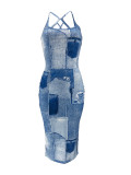 Casual Straps Faux Denim Printed Mesh Mid Dresses