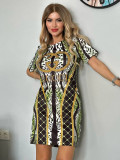Women's Contrasting Color Short Sleeve Hotfix Rhinestone Slim Dress