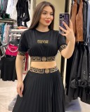 Casual Embroidery Short Sleeve Pleated Skirt Set
