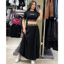 Casual Embroidery Short Sleeve Pleated Skirt Set