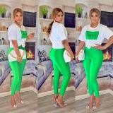 Fashion Print Short Sleeve Slim Two Piece Pant Set