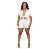 Solid Color Shirt Buckle Lapel Short Sleeve Shorts Set