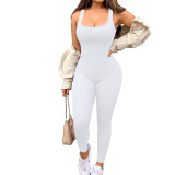 Solid Color Threaded Square Neck Sleeveless Tank Top Sports Jumpsuit