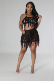 Sexy See Through Knit Hook Tassel Beach Shorts Set