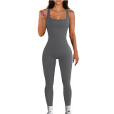 Solid Color Threaded Square Neck Sleeveless Tank Top Sports Jumpsuit