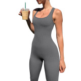 Solid Color Threaded Square Neck Sleeveless Tank Top Sports Jumpsuit
