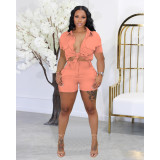 Solid Color Shirt Buckle Lapel Short Sleeve Shorts Set